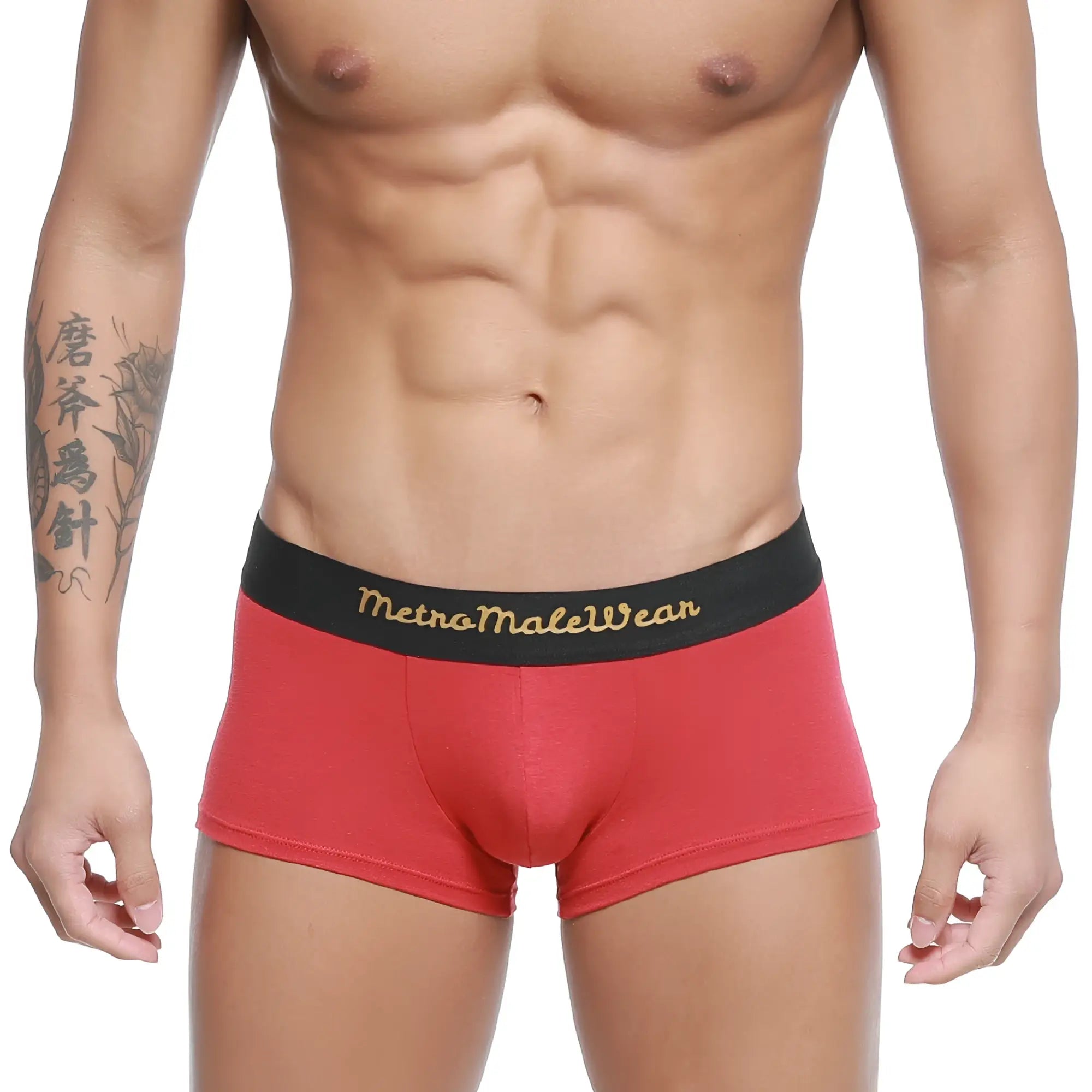 Red cotton briefs with a black waistband featuring gold metromalewear lettering terracotta 2026-34 model