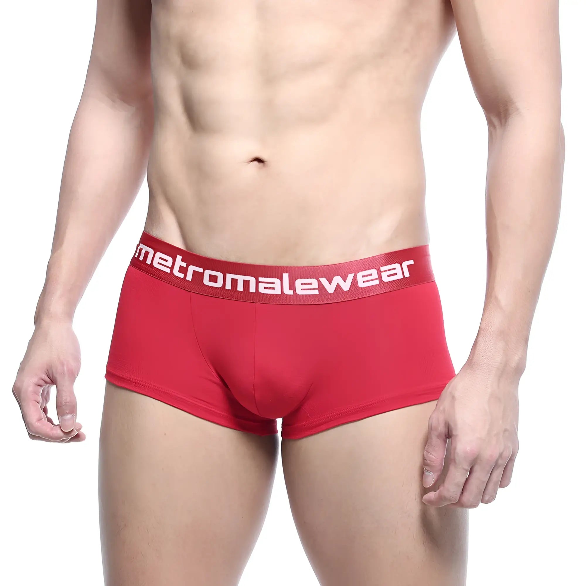 Red men’s briefs with a white metromalewear logo on the elastic waistband metro malewear county trunk 2026-12
