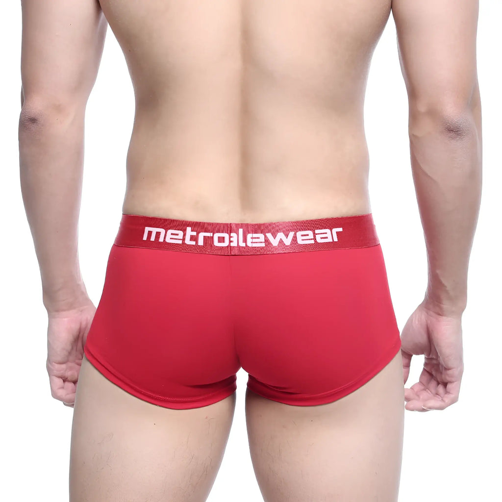 Red metroMalewear County trunk briefs with textured fabric and white logo waistband in red 2026-12 design