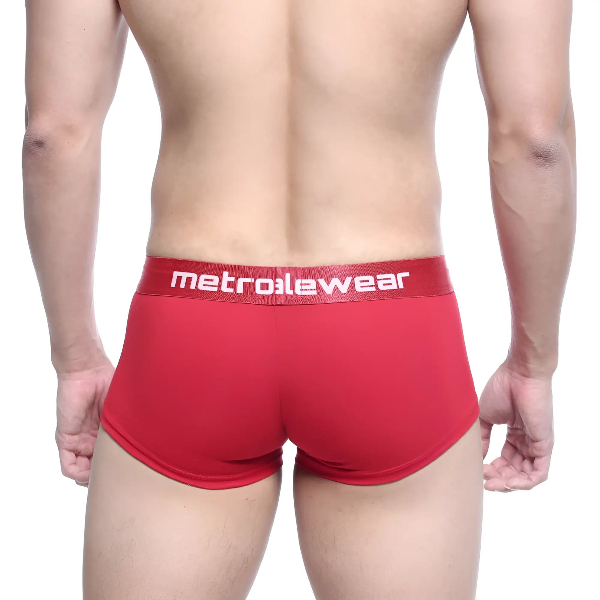 Red metroMalewear County trunk briefs with textured fabric and white logo waistband in red 2026-12 design