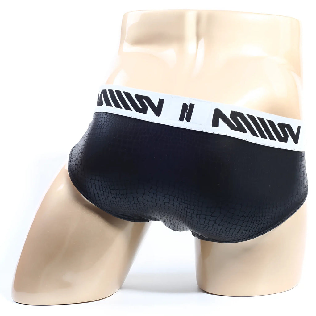 Black textured briefs with a white waistband featuring bold black lettering metroMaleWear crocodile hip brief 5003-85