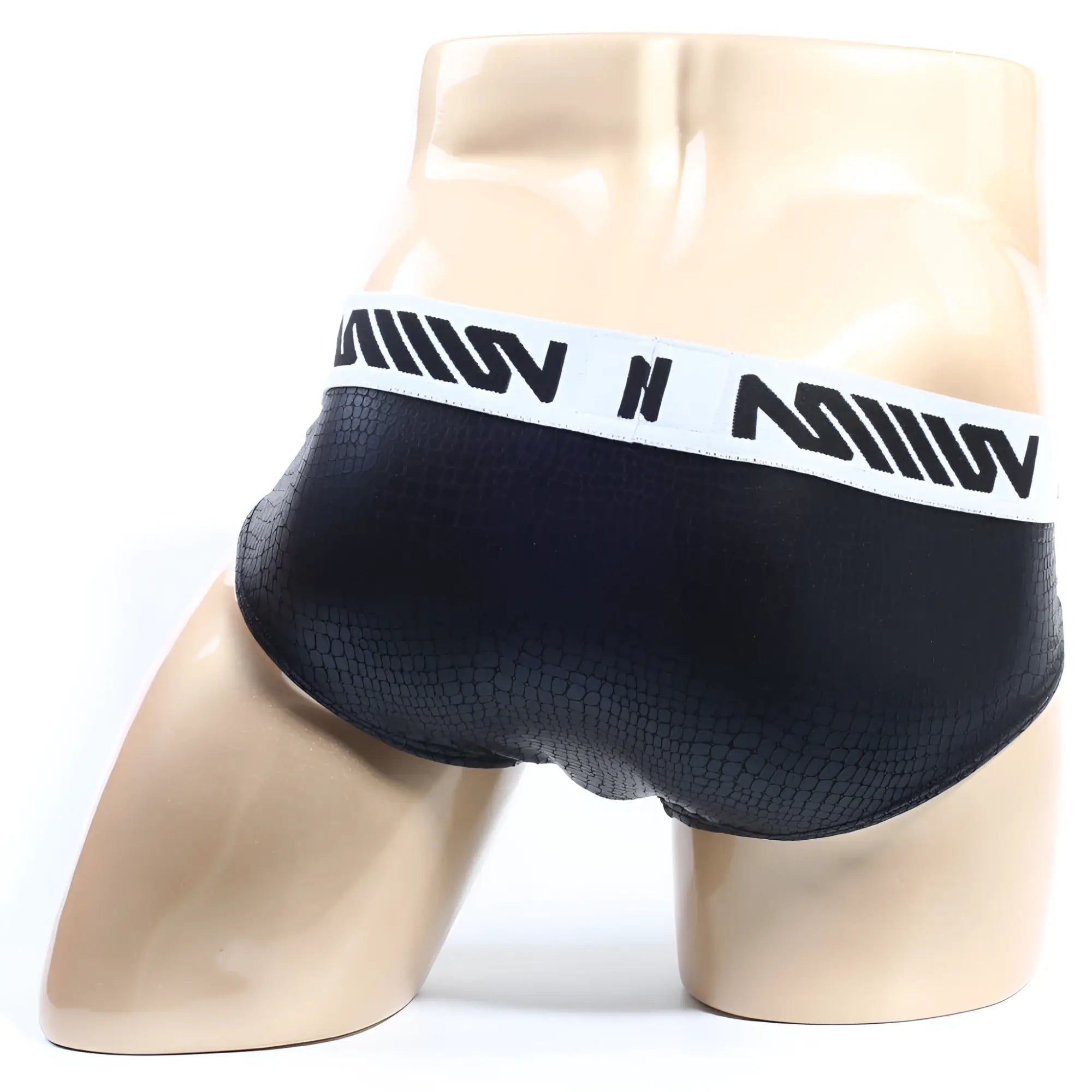 Black textured briefs with a white waistband featuring bold black lettering metroMaleWear crocodile hip brief 5003-85