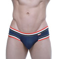 Navy blue MetroMaleWear Cupid bikini briefs with red white and black striped waistband and small brand tag