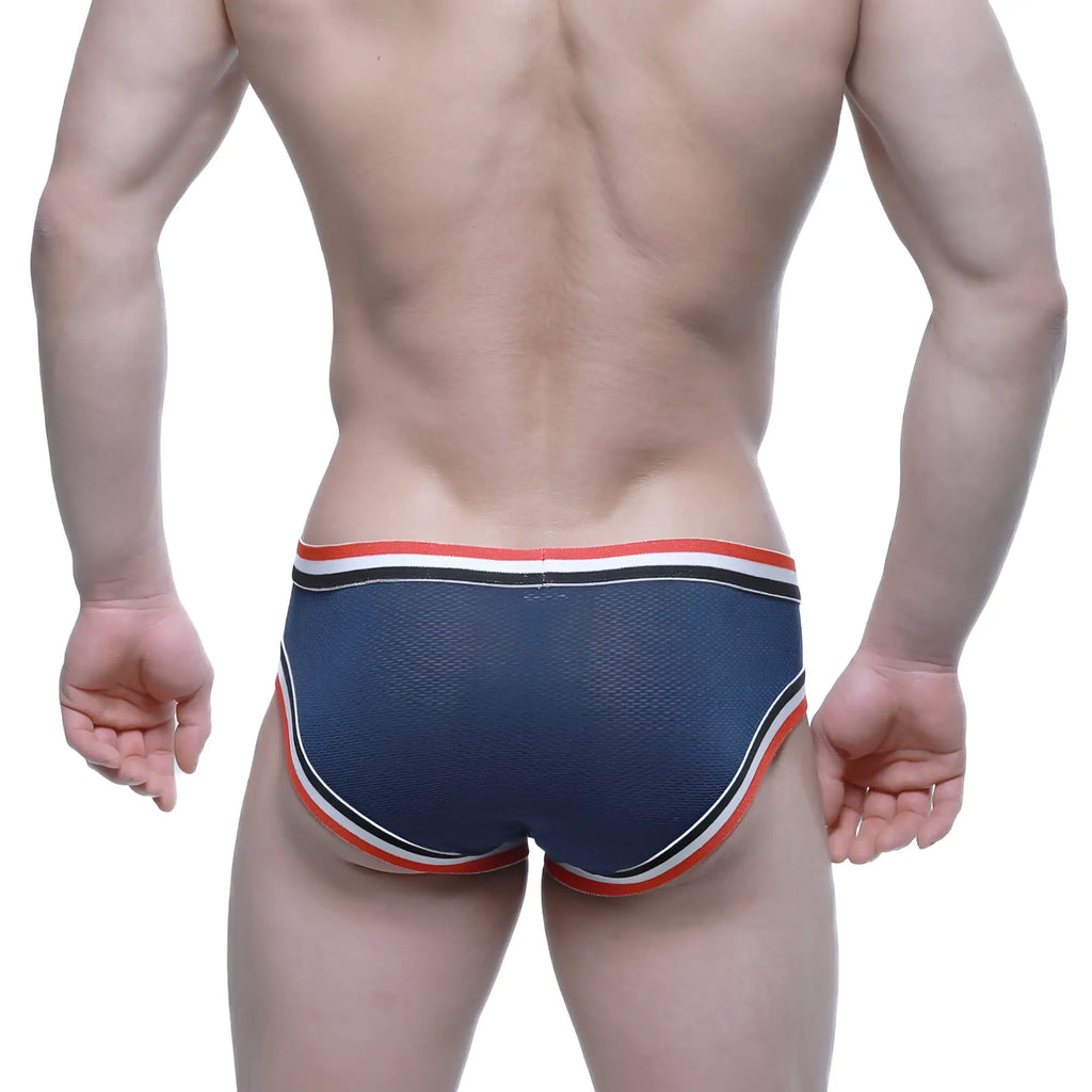 Navy blue mesh briefs with red white and black striped trim metro male wear cupid bikini 6105-28