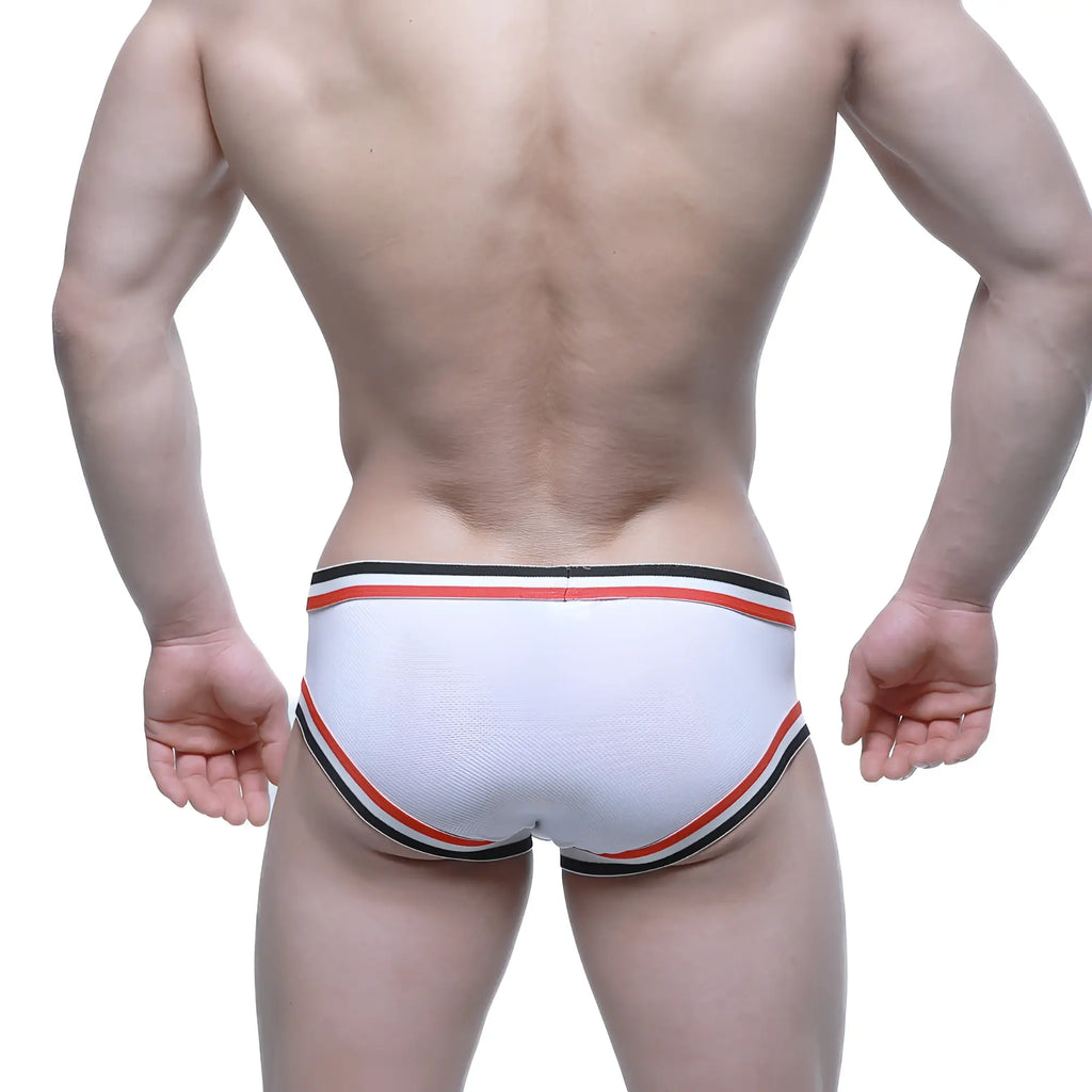 White metroMalewear cupid bikini briefs with red and black striped trim for athletic use