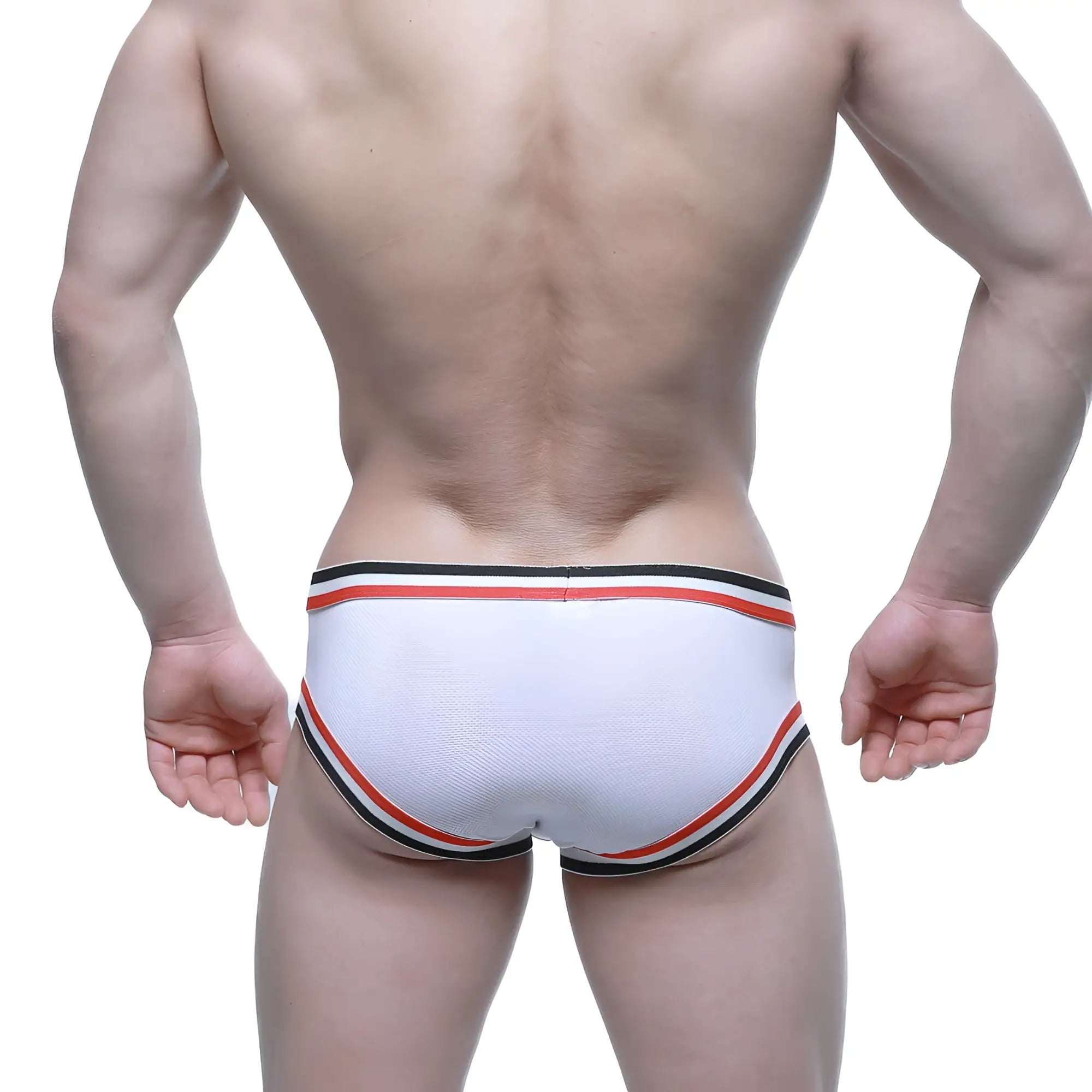 White metroMalewear cupid bikini briefs with red and black striped trim for athletic use