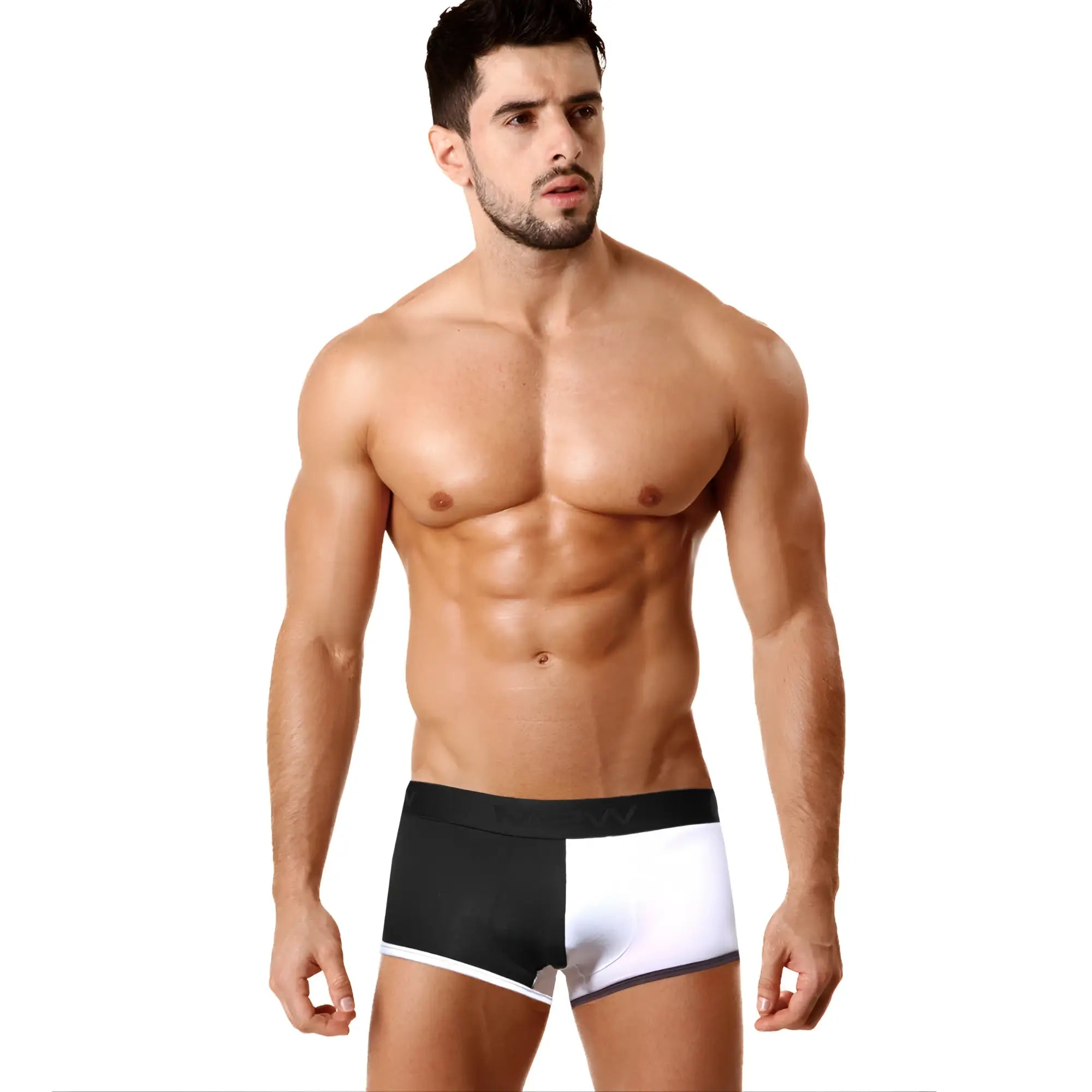 Black and white two-tone boxer briefs with sleek modern design from metromalewear daemon no show boxer 2924-00