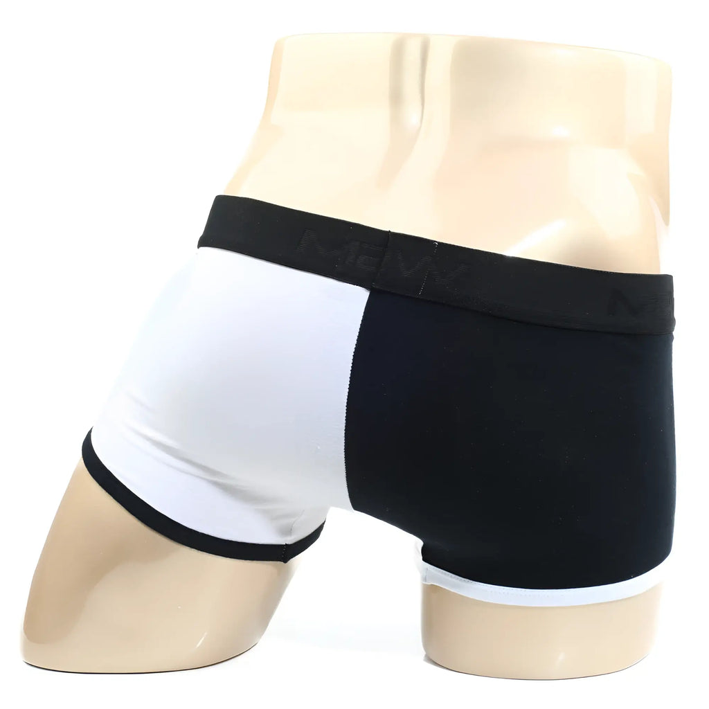 Black and white two-tone boxer briefs with a black waistband featuring new logo metro malewear daemon no show boxer