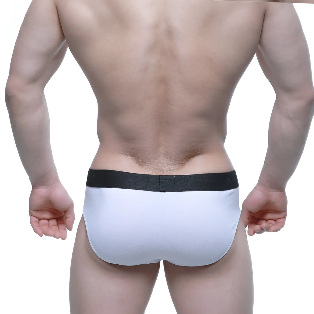 White briefs with a black elastic waistband featuring the brand nerdy from metromalewear daily brief 5003-01