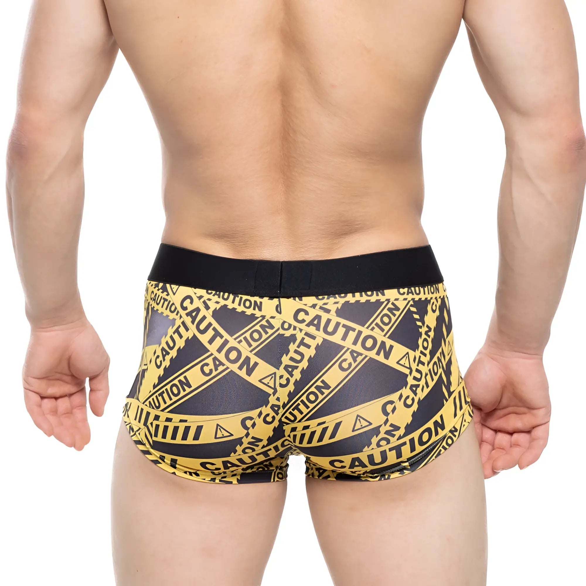 MetroMaleWear Danger Short Boxer black 2026-73 men’s black and yellow caution tape patterned boxer briefs with black waistband