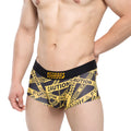 MetroMalewear danger short boxer black 2026-73 men’s briefs with black waistband and black yellow caution tape pattern