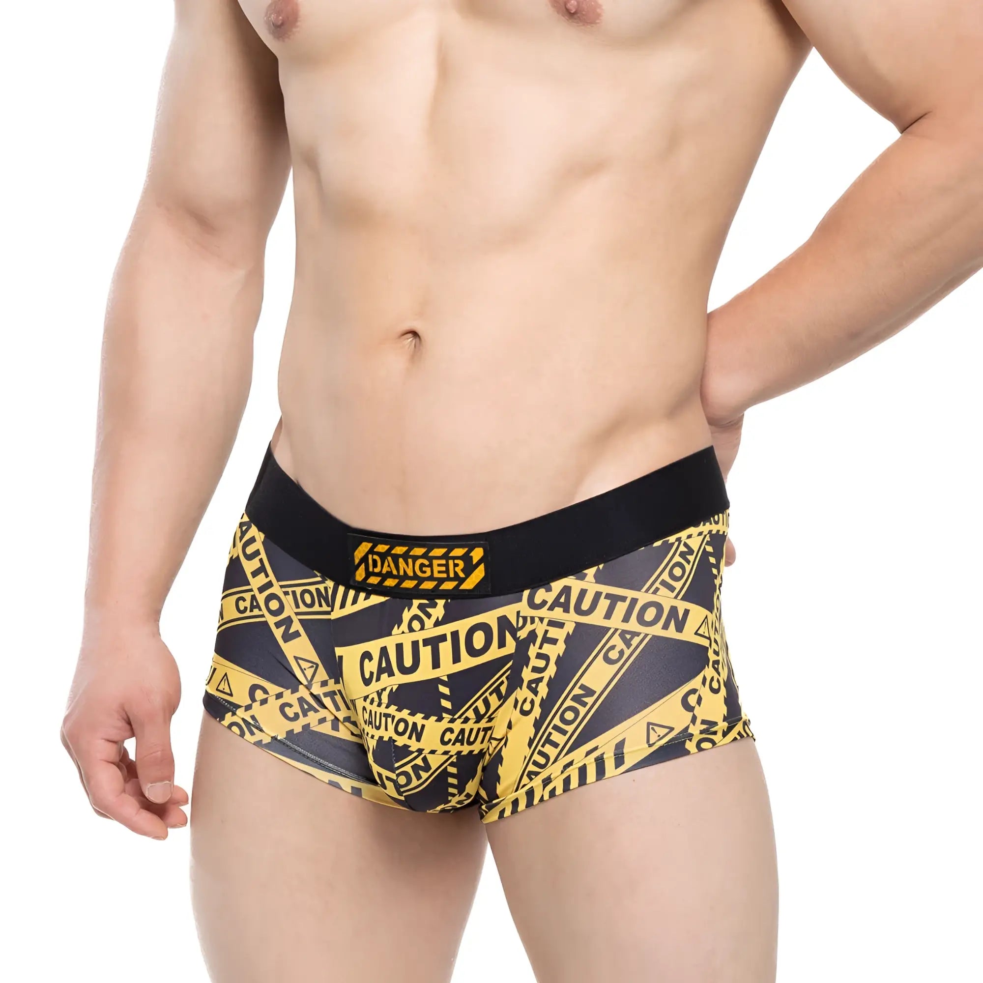 MetroMalewear danger short boxer black 2026-73 men’s briefs with black waistband and black yellow caution tape pattern