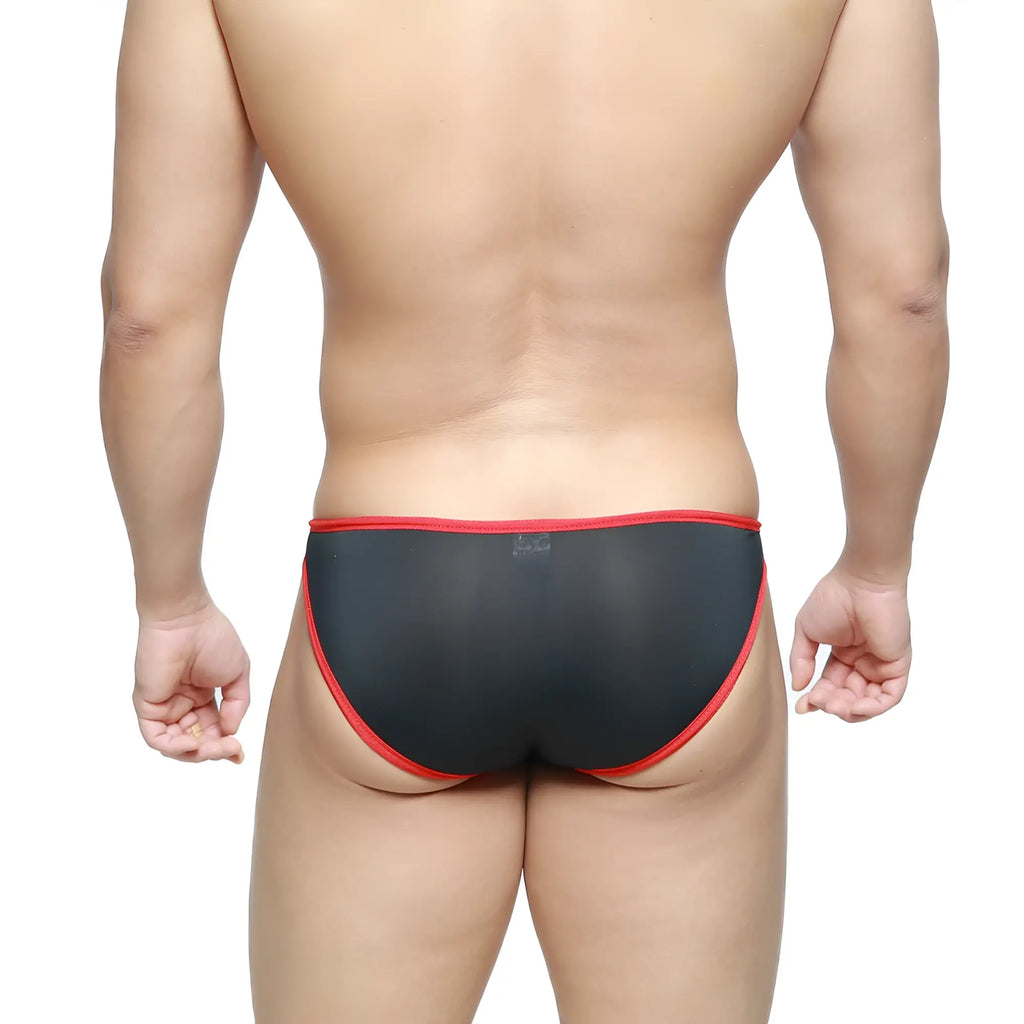 Black sheer briefs with red trim by metromalewear model dangerous brief black 8004-20 showcasing front detail