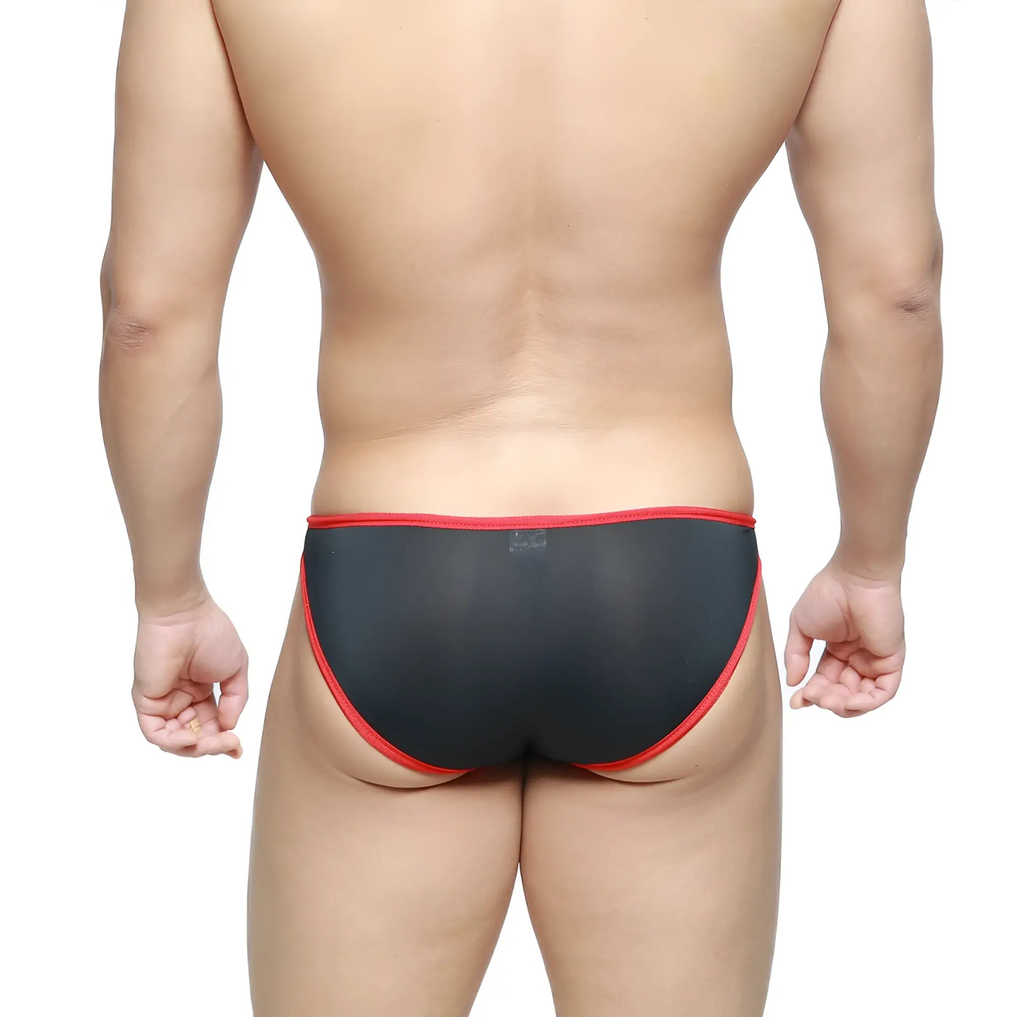 Black sheer briefs with red trim by metromalewear model dangerous brief black 8004-20 showcasing front detail