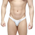White form-fitting thong made of smooth stretchy fabric with subtle red logo on MetroMaleWear Dangerous Brief waistband
