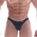 Black mens thong MetroMaleWear dangerous jock strap black with small red logo on waistband shown from back side