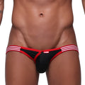 Black and red athletic thong with white striped waistband metroMalewear dangerous jock strap crimson 8001-13 front view
