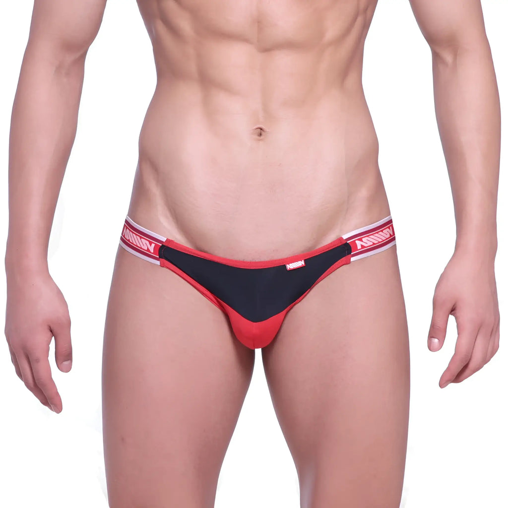 Red and black thong with white elastic waistband and mann branding from metromalewear dangerous jock strap valiente 8001-30