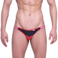 Red and black thong with white elastic waistband and mann branding from metromalewear dangerous jock strap valiente 8001-30