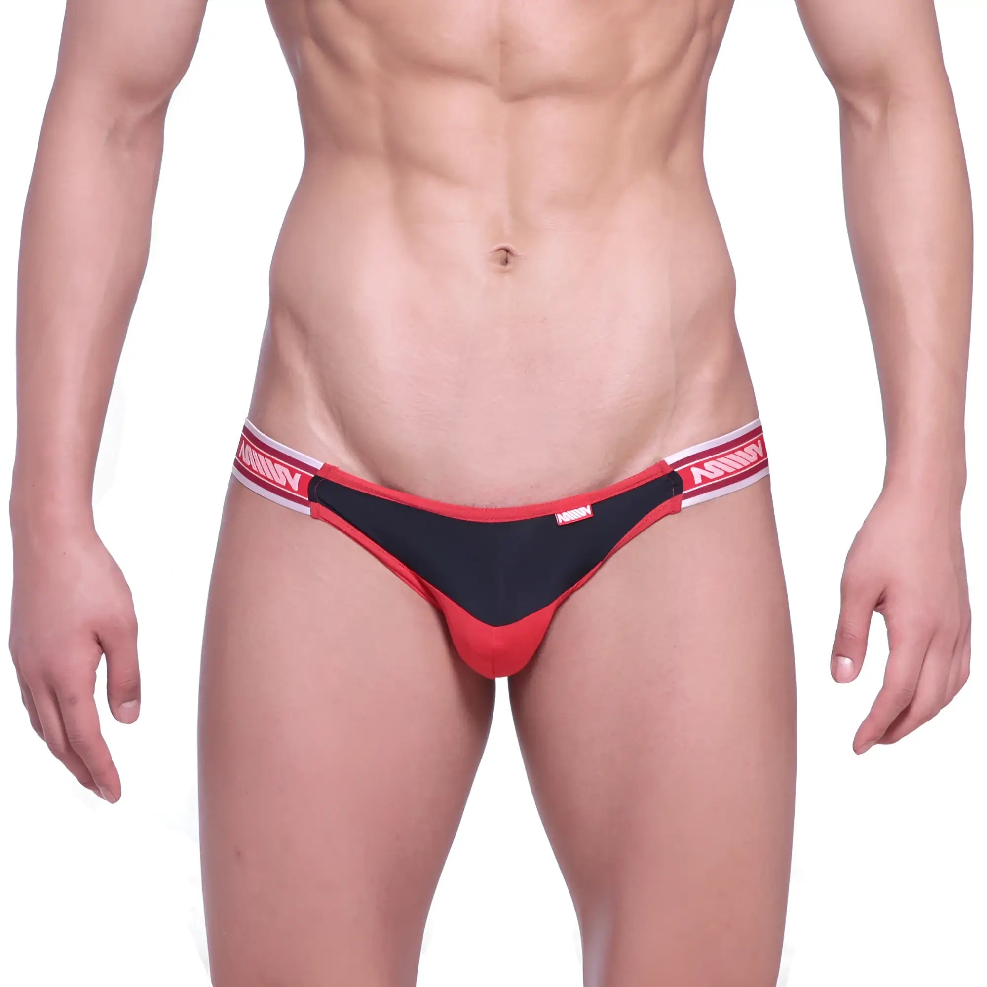 Red and black thong with white elastic waistband and mann branding from metromalewear dangerous jock strap valiente 8001-30