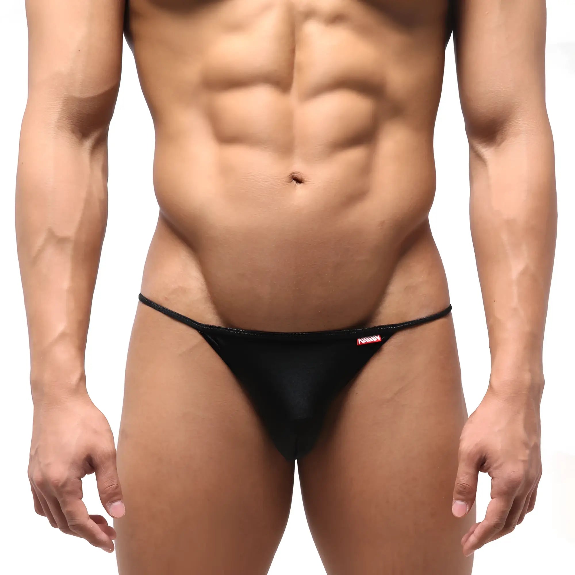 Black sheer mesh thong with thin waistband and small red logo on side metro malewear dangerous swim bikini 4930-20
