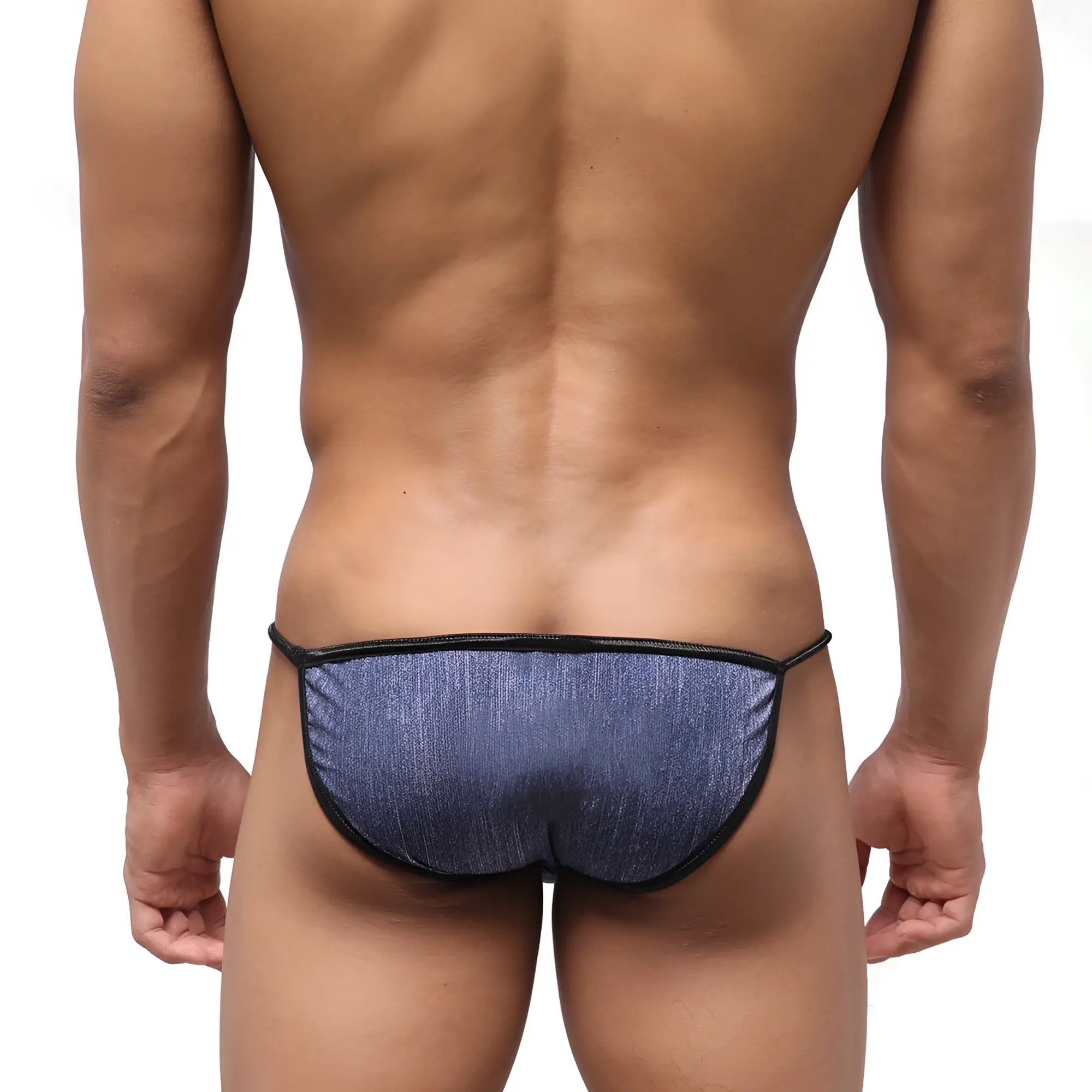 Metro malewear dangerous swim bikini denim 4930-60 blue denim-textured thong with black trim front view