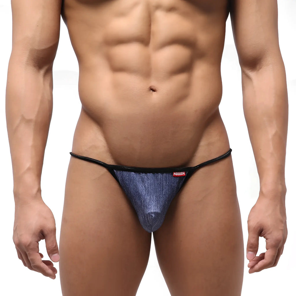 Blue denim thong swim bikini with black elastic waistband and small red logo from metromalewear dangerous 4930-60