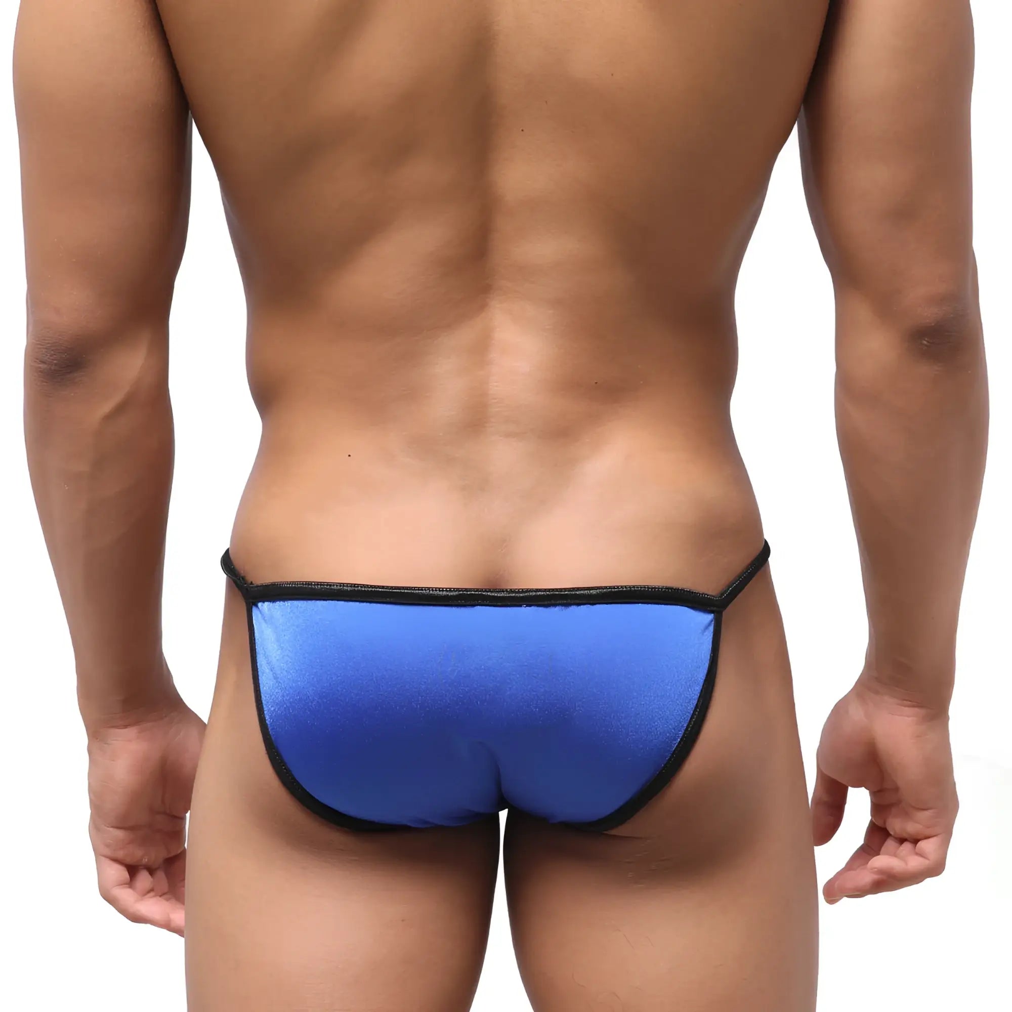 Blue metallic swim bikini with black trim by MetroMaleWear designed for stylish swimwear use