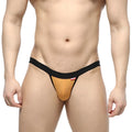 Orange and black metro male wear dangerous thong gold 8002-21 with a snug form-fitting design shown from the back side