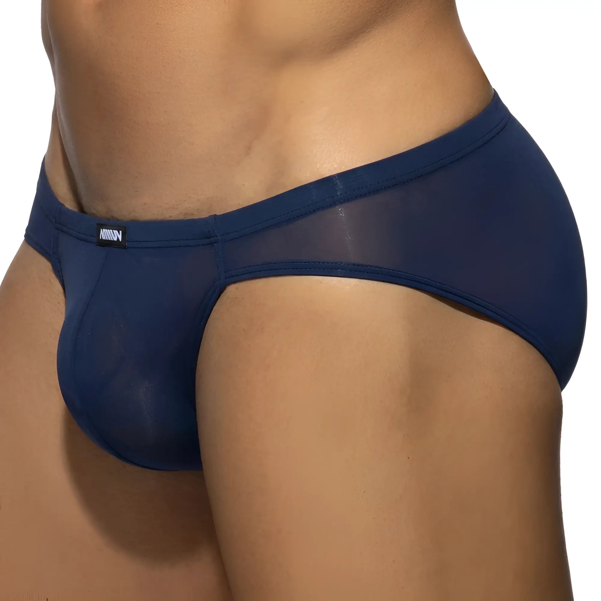 Navy blue sheer mesh briefs with solid waistband and brand logo tag from metromalewear darcian bikini 1016-28