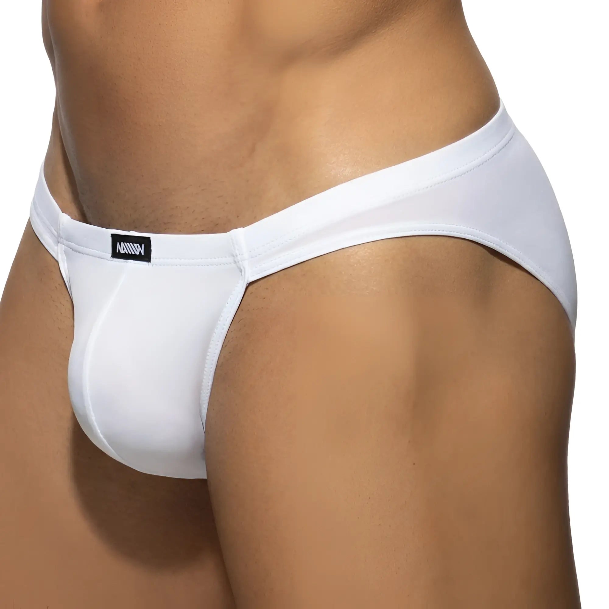 White mens briefs metroMalewear darcian bikini 1016-00 with sleek form-fitting design and subtle waistband brand tag