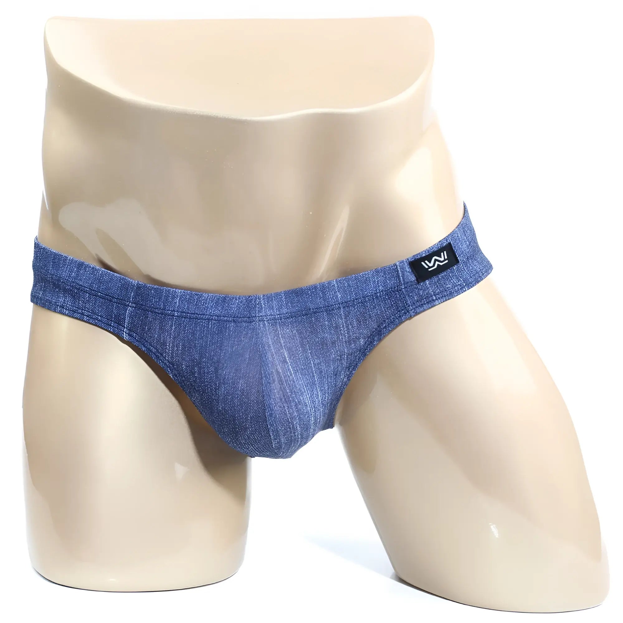 Blue denim-style men’s briefs with black logo tag on waistband from metromalewear denim bikini 5103-m80 collection