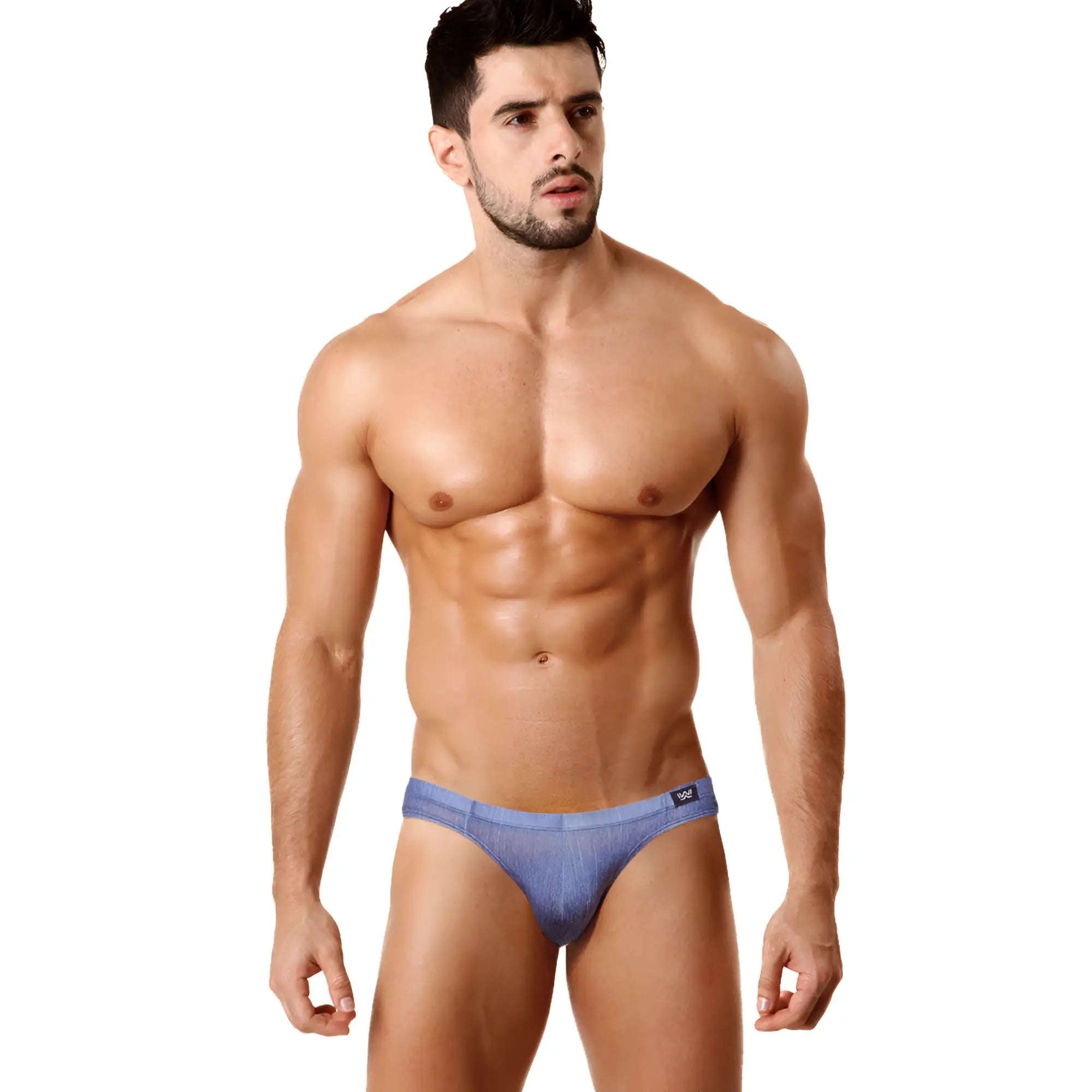 Blue denim-style briefs with subtle textured pattern and black brand tag on waistband metroMalewear denim bikini 5103-m80