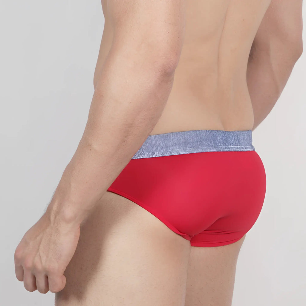 Red briefs with textured blue waistband metroMalewear denim swim brief 4916-51 for comfortable swimming