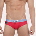 MetroMaleWear denim swim brief 4916-51 red trunks with light blue textured waistband and white drawstring detail