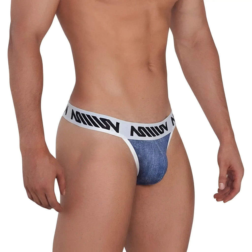 Metro malewear denim thong indigo 2502-55 in blue denim texture with white elastic waistband and black miliv branding