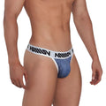 Metro malewear denim thong indigo 2502-55 in blue denim texture with white elastic waistband and black miliv branding