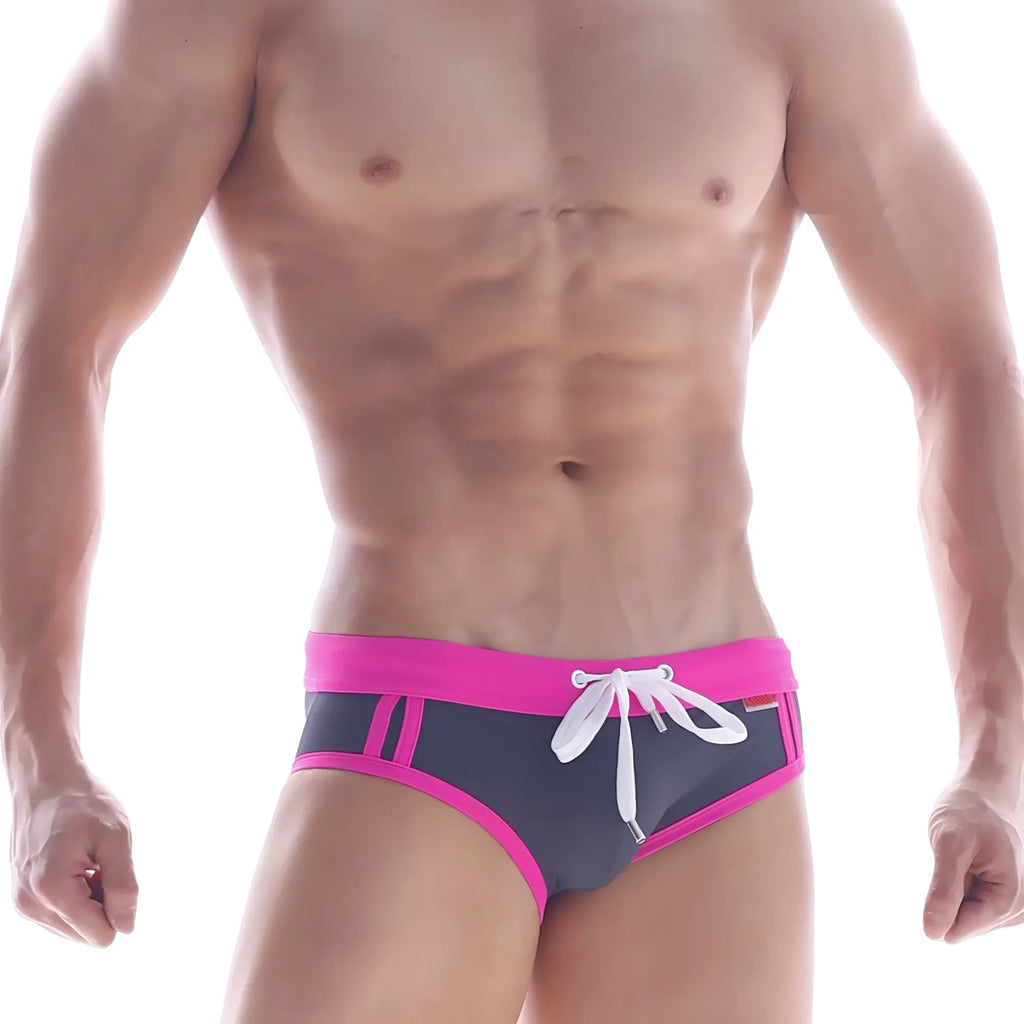 MetroMalewear deporte swim brief grey 4924-11 bright pink and navy blue swim trunks with white drawstring