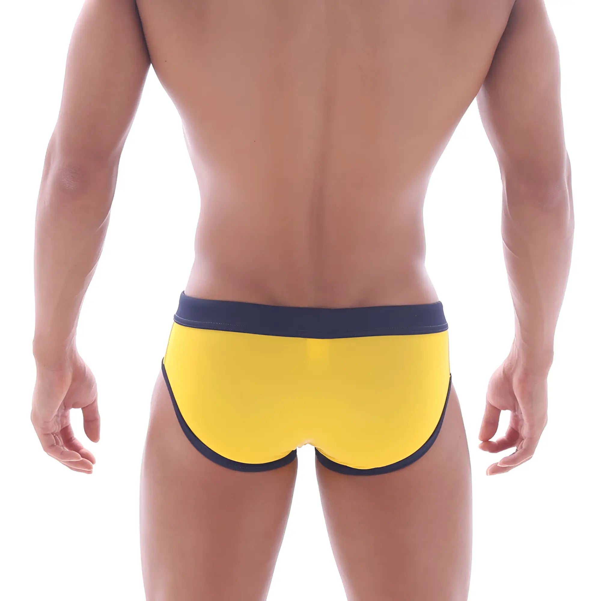 Bright yellow metroMalewear deporte swim brief with navy blue waistband and trim designed for active swimming