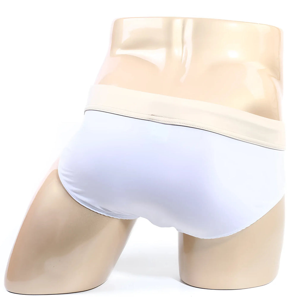 Metro male wear deportivo brief white 5203-f00 white briefs with beige elastic waistband on a mannequin front view