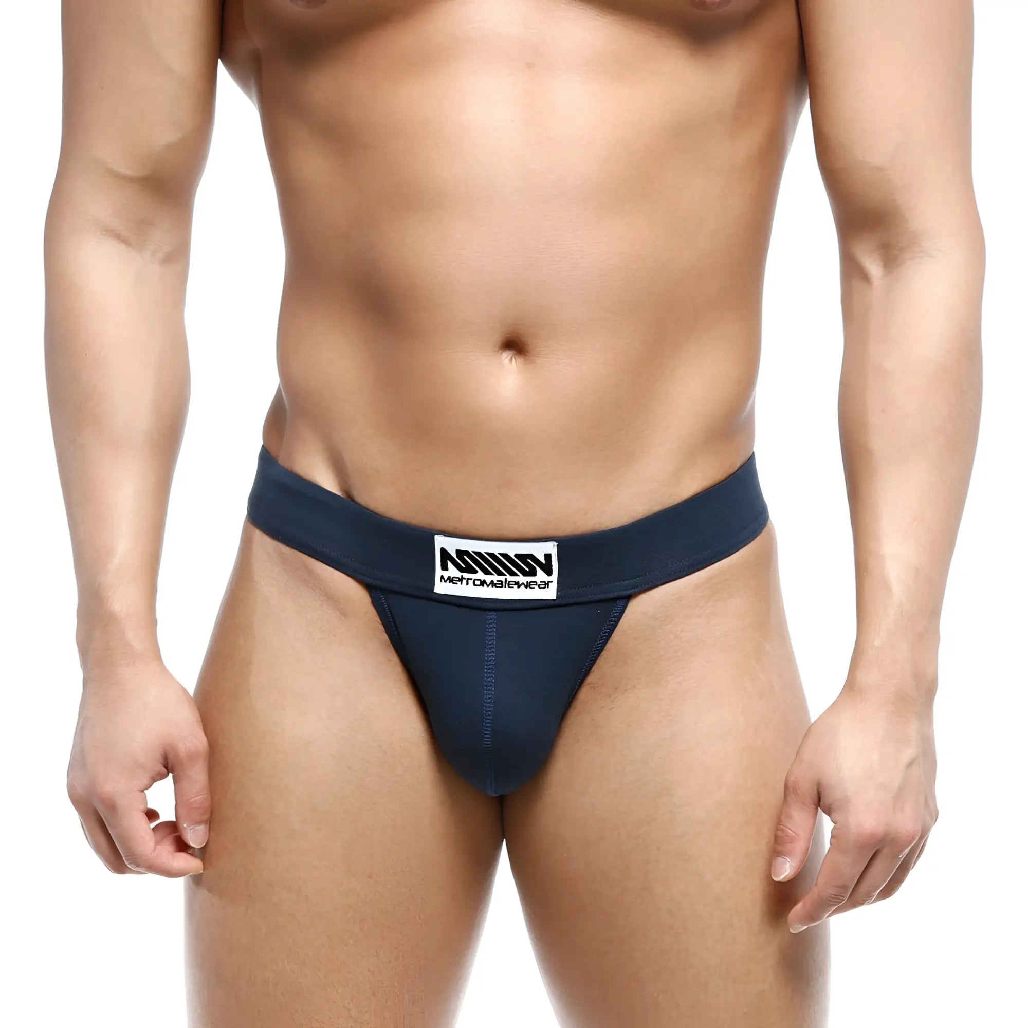 Navy blue metro malewear deseo bikini briefs with white label and black brand text, sleek athletic design