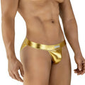 MetroMaleWear Deseo bikini metallic gold briefs with a sleek shiny finish and rectangular brand tag on waistband