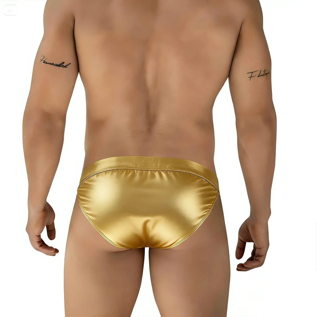 Shiny gold metallic briefs from metromalewear deseo bikini metalic gold 3304-m21 with sleek metal finish