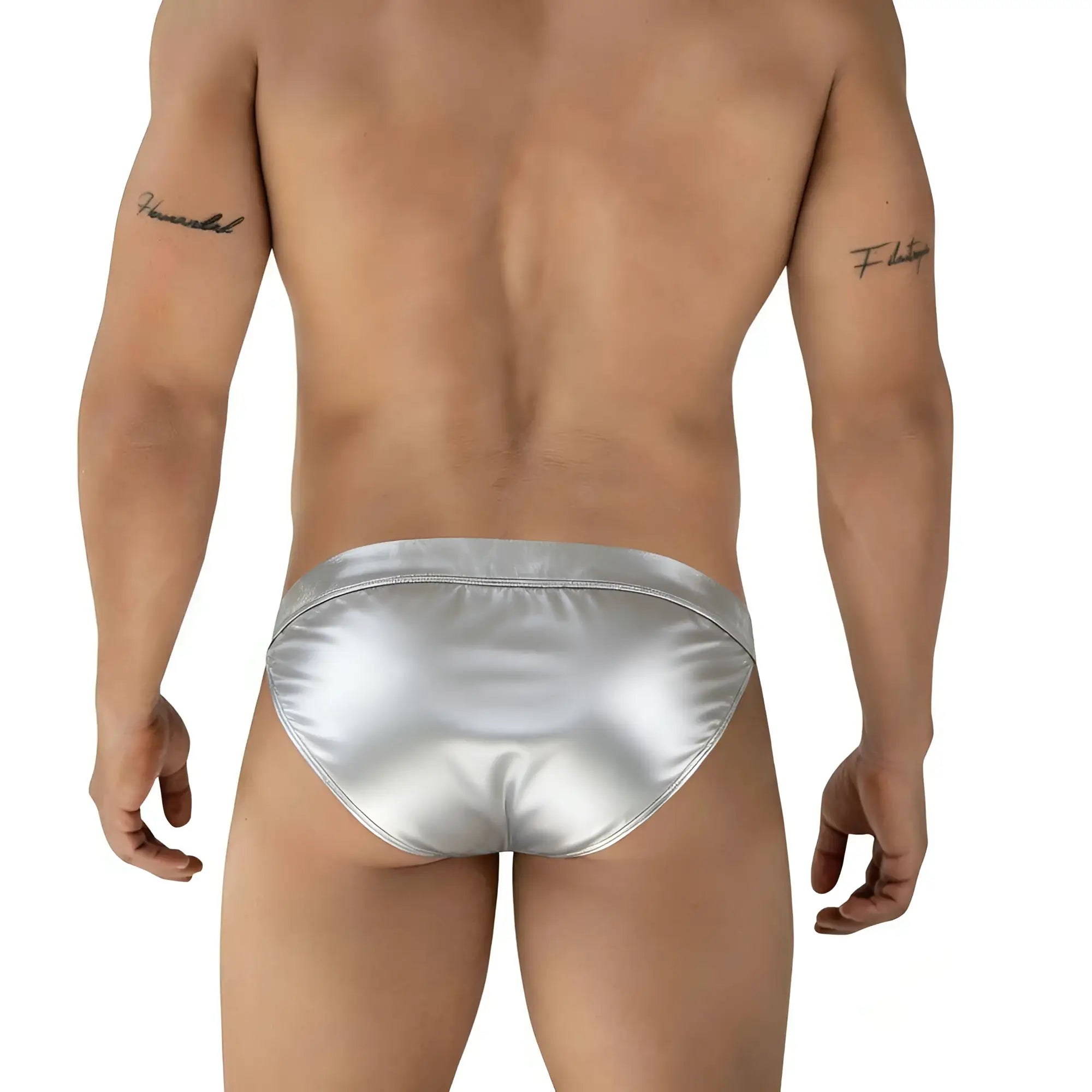 Silver satin briefs metro male wear deseo bikini metallic silver 3304-m10 front view with shiny fabric texture