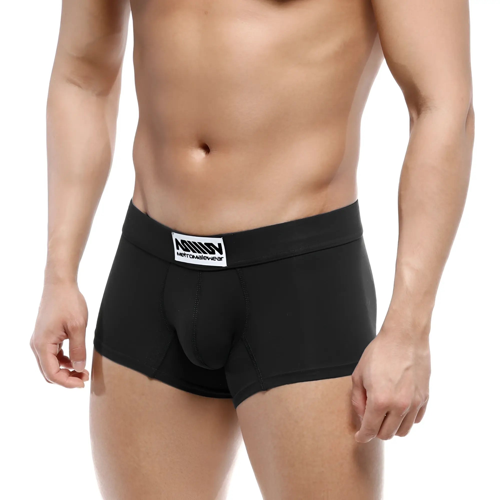 Black men’s boxer briefs with white merton & glewer label on waistband metro male wear deseo boxer black 3323-20