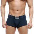 Navy blue metroMalewear deseo boxer briefs with a white label featuring the brand name and logo