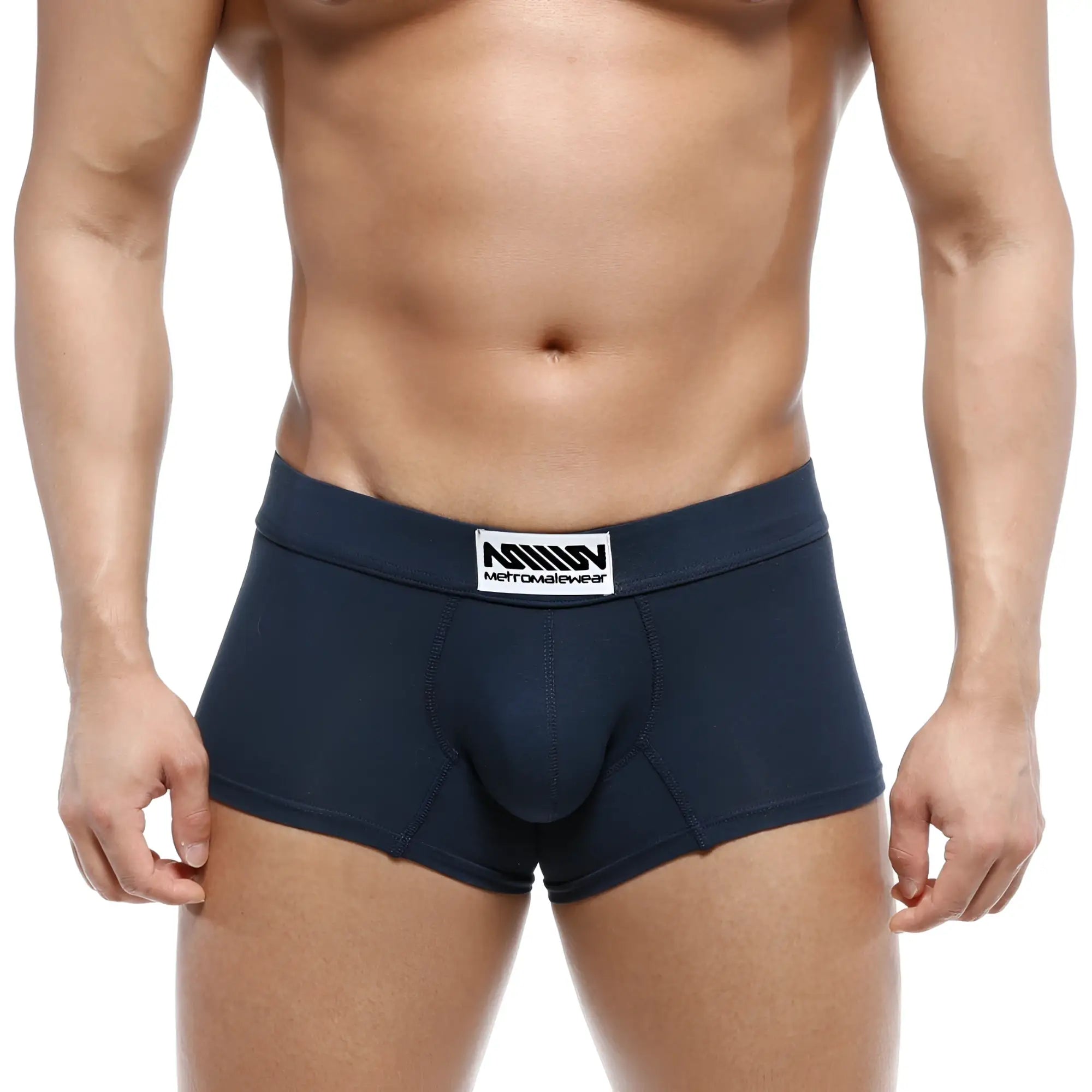 Navy blue metroMalewear deseo boxer briefs with a white label featuring the brand name and logo