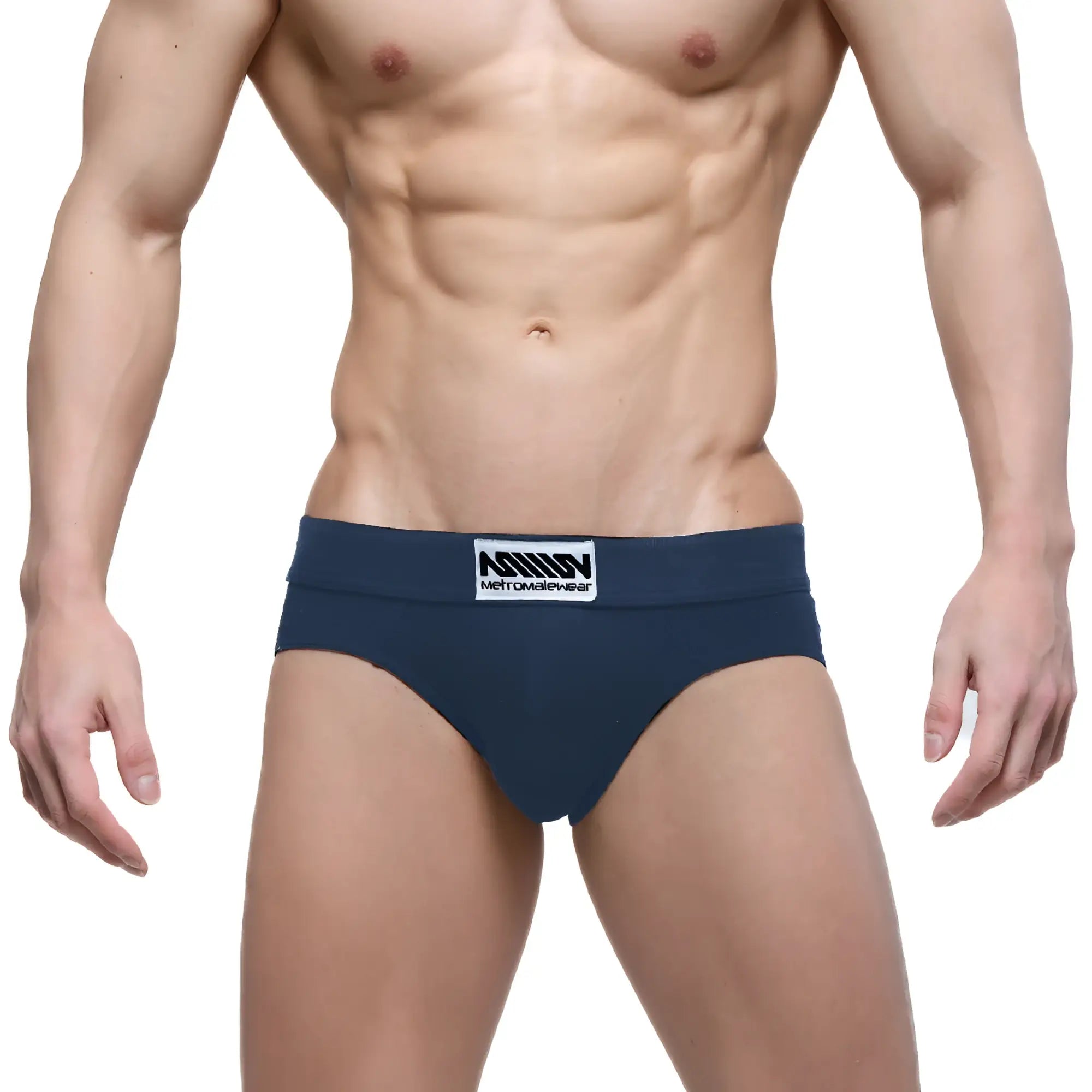 Navy blue MetroMaleWear Deseo Brief 5503-28 men’s briefs with white logo patch on waistband for comfortable wear