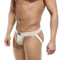 Beige athletic briefs with white waistband featuring men’s logo from MetroMaleWear Deseo Jock 3301-04