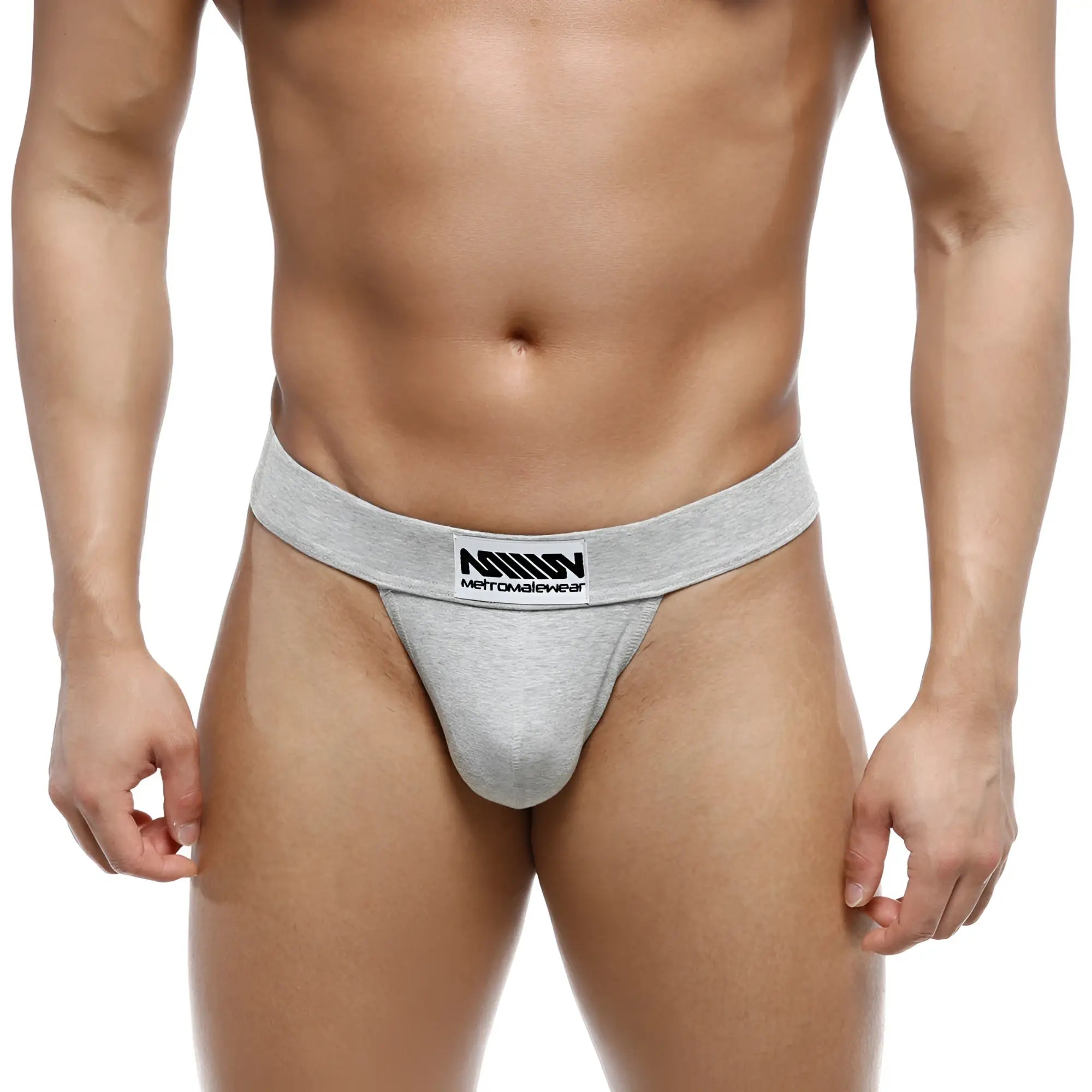 Gray heathered cotton briefs with black and white metromalewear logo waistband metro malewear deseo thong jasper gray 3312-10